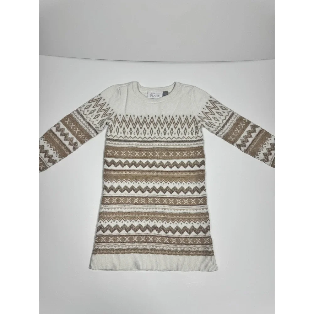 The Children's Place Sweater Dress Girls 4T Ivory Tan‎ Fair Isle Metallic Knit